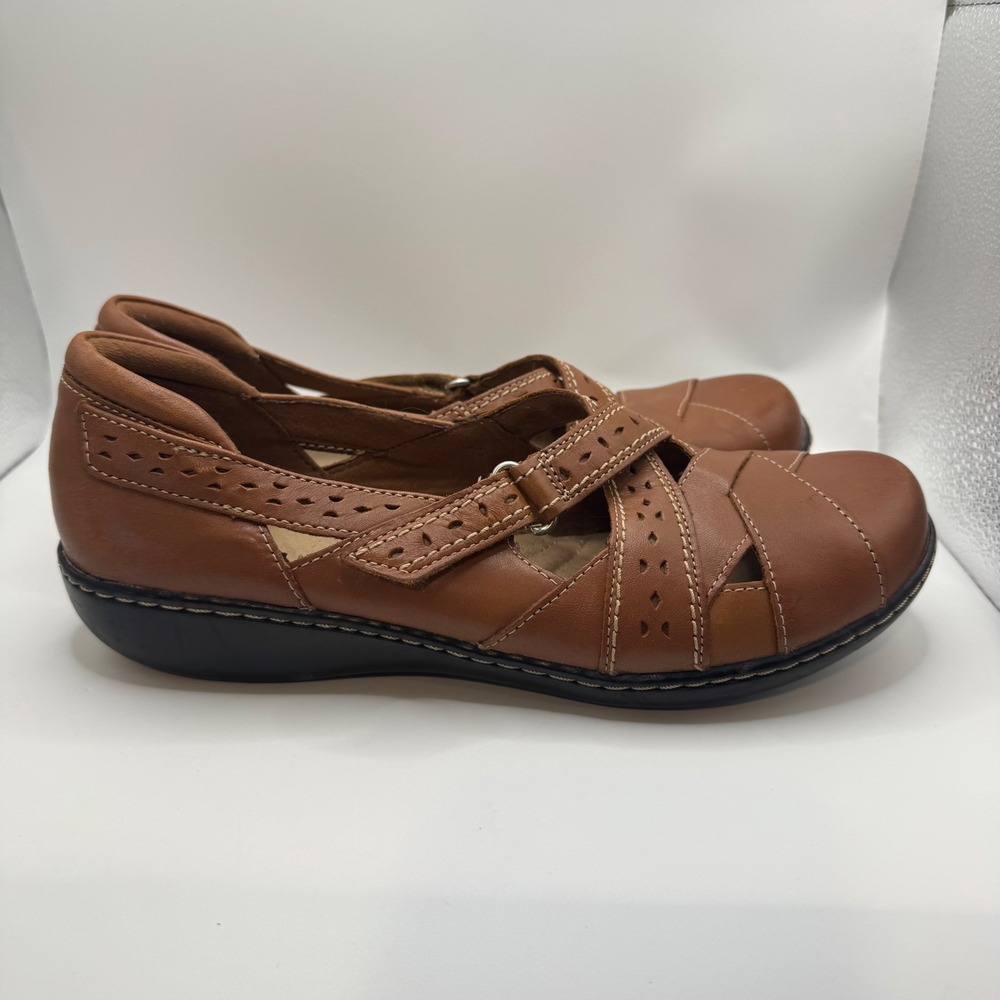 Clarks 10 Mary Jane Women Tan Leather Perforated Comfort Flat Shoes 260656523100